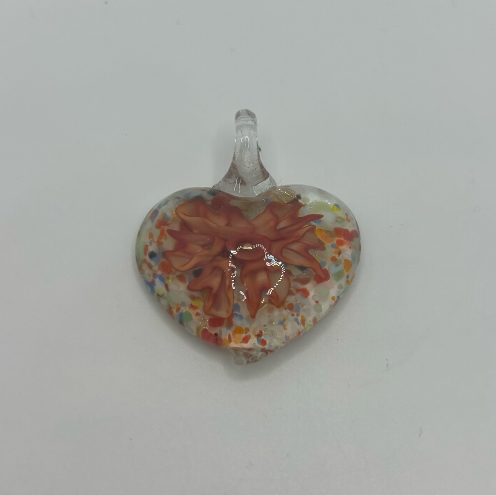 Glass Clear Heart With Orange Flower Pendant